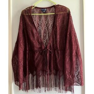 22/24 Venezia Lane Bryant Y2K VTG Whimsigoth Sheer Crochet Maroon Fringe Kimono